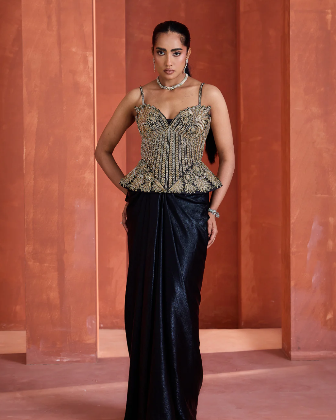 Deepika Chadha - Black drape skirt gold corset From Midnight