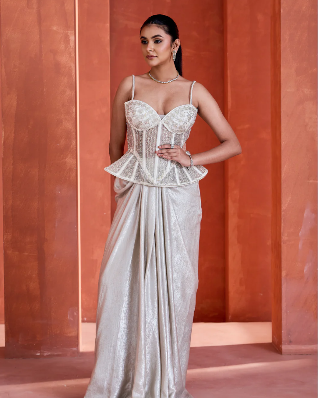 Deepika Chadha - White Drape skirt with Corset From Midnight