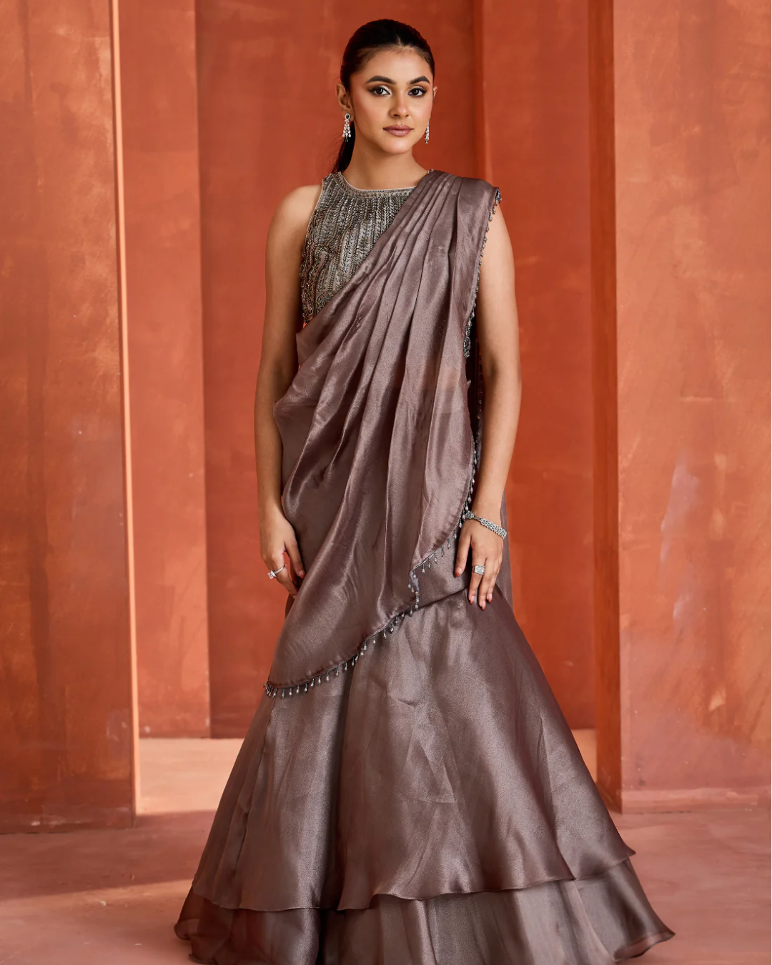 Deepika Chadha - Steel grey Mermaid drape skirt and blouse From Midnight