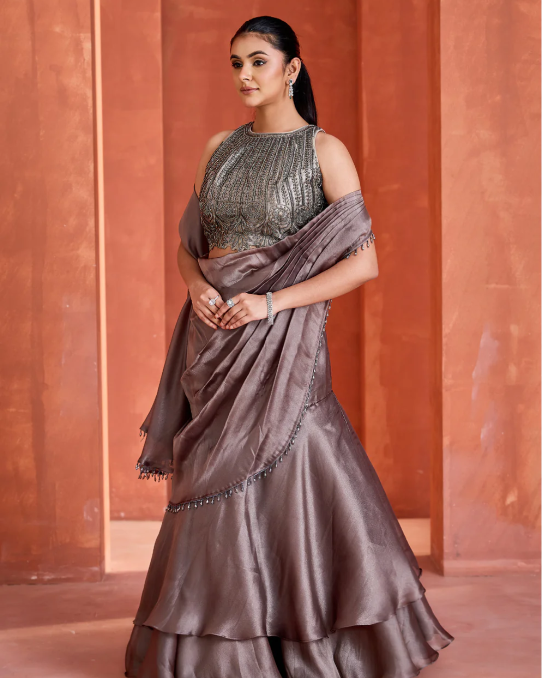 Deepika Chadha - Steel grey Mermaid drape skirt and blouse From Midnight