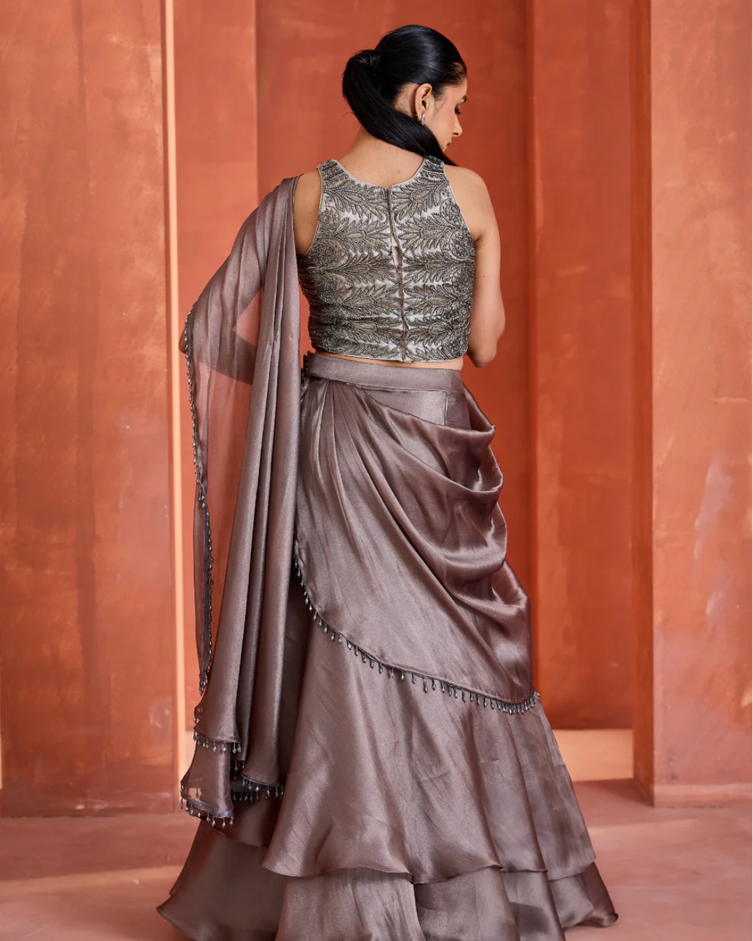 Deepika Chadha - Steel grey Mermaid drape skirt and blouse From Midnight