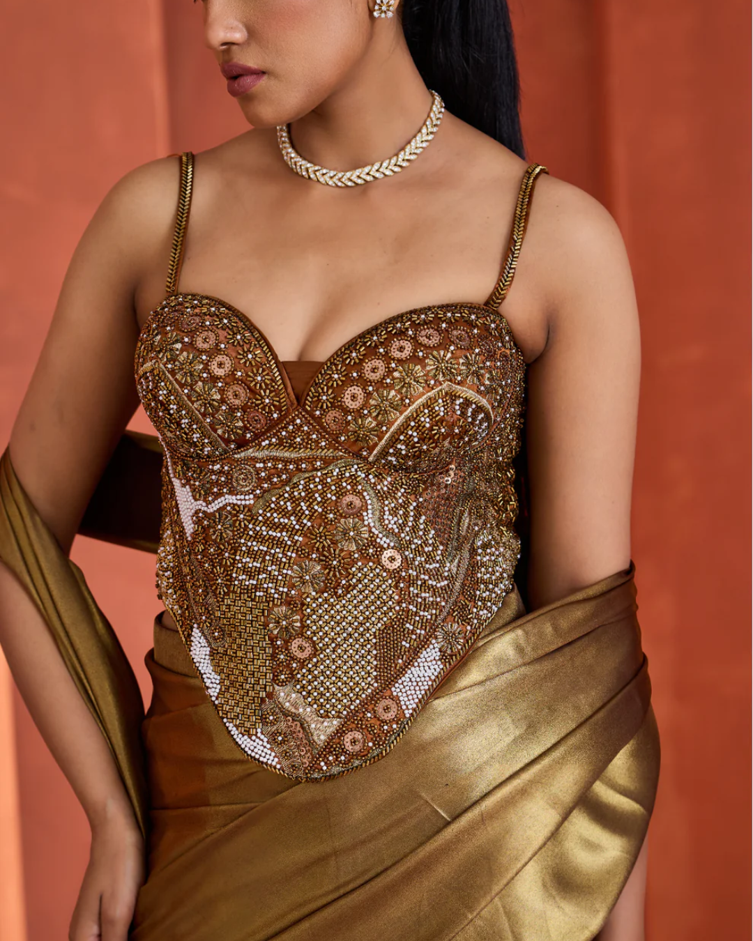 Deepika Chadha - Antique Gold Corset  Saree From Midnight