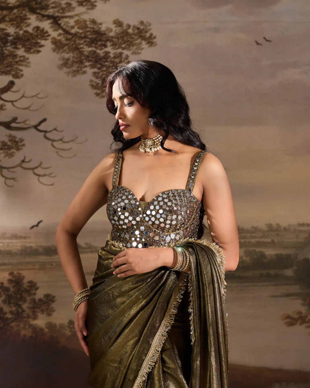 Deepika Chadha - olive ready to wear saree and blouse From Midnight