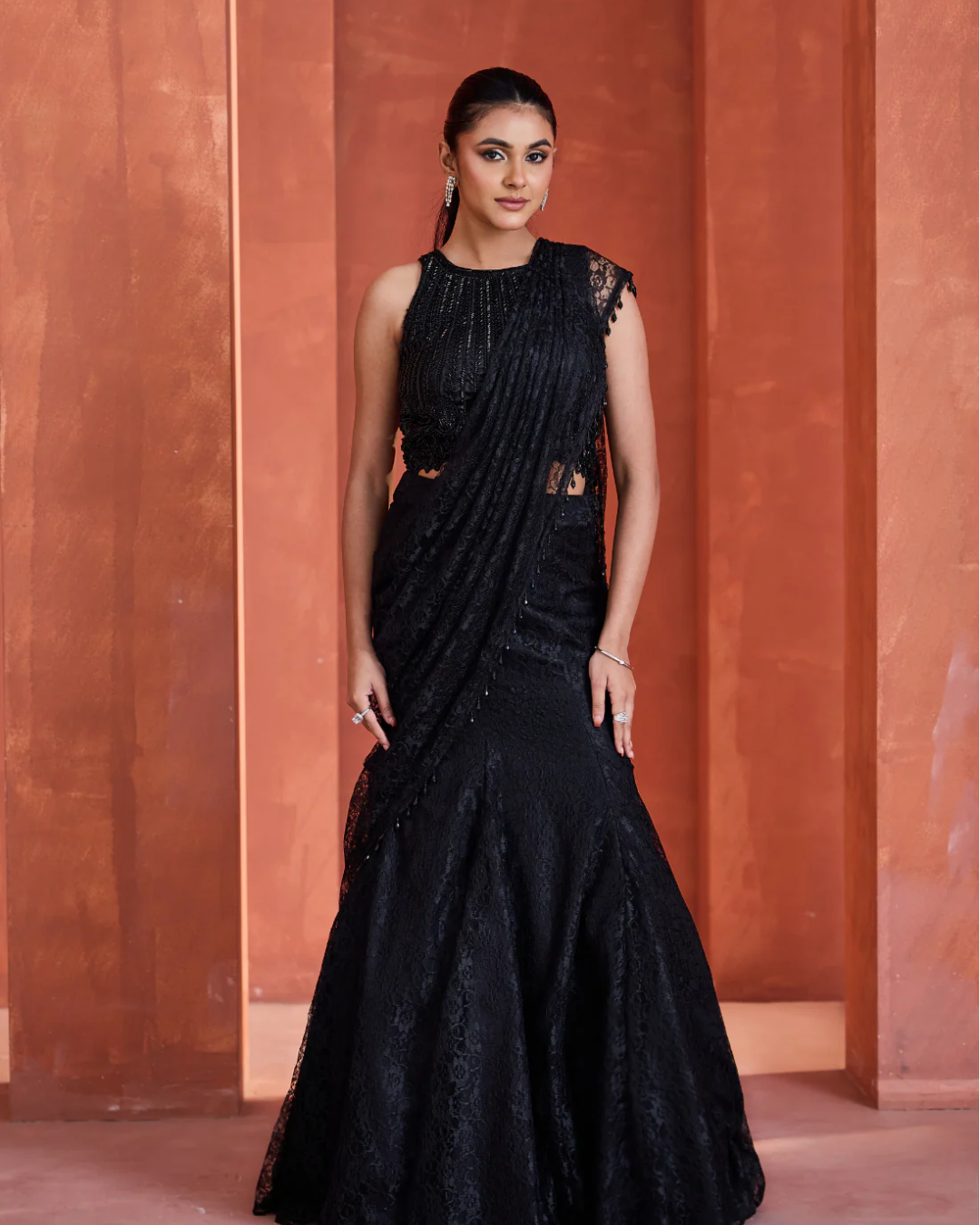 Deepika Chadha - Black shandle lace mermaid skirt with pallu and blouse From Midnight
