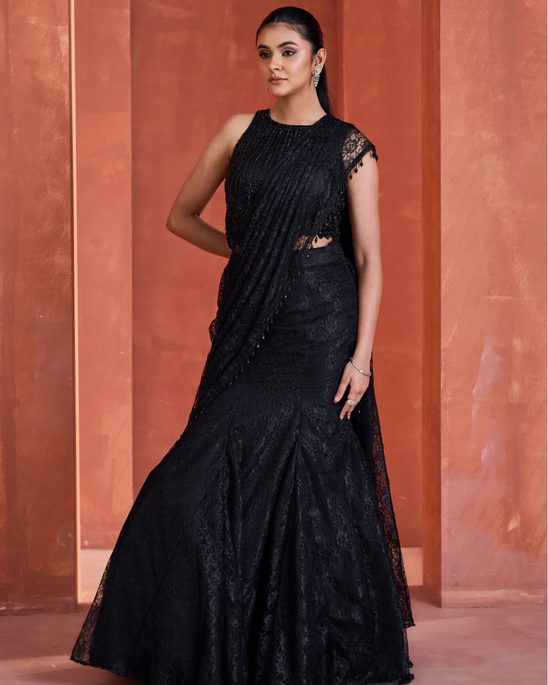 Deepika Chadha - Black shandle lace mermaid skirt with pallu and blouse From Midnight