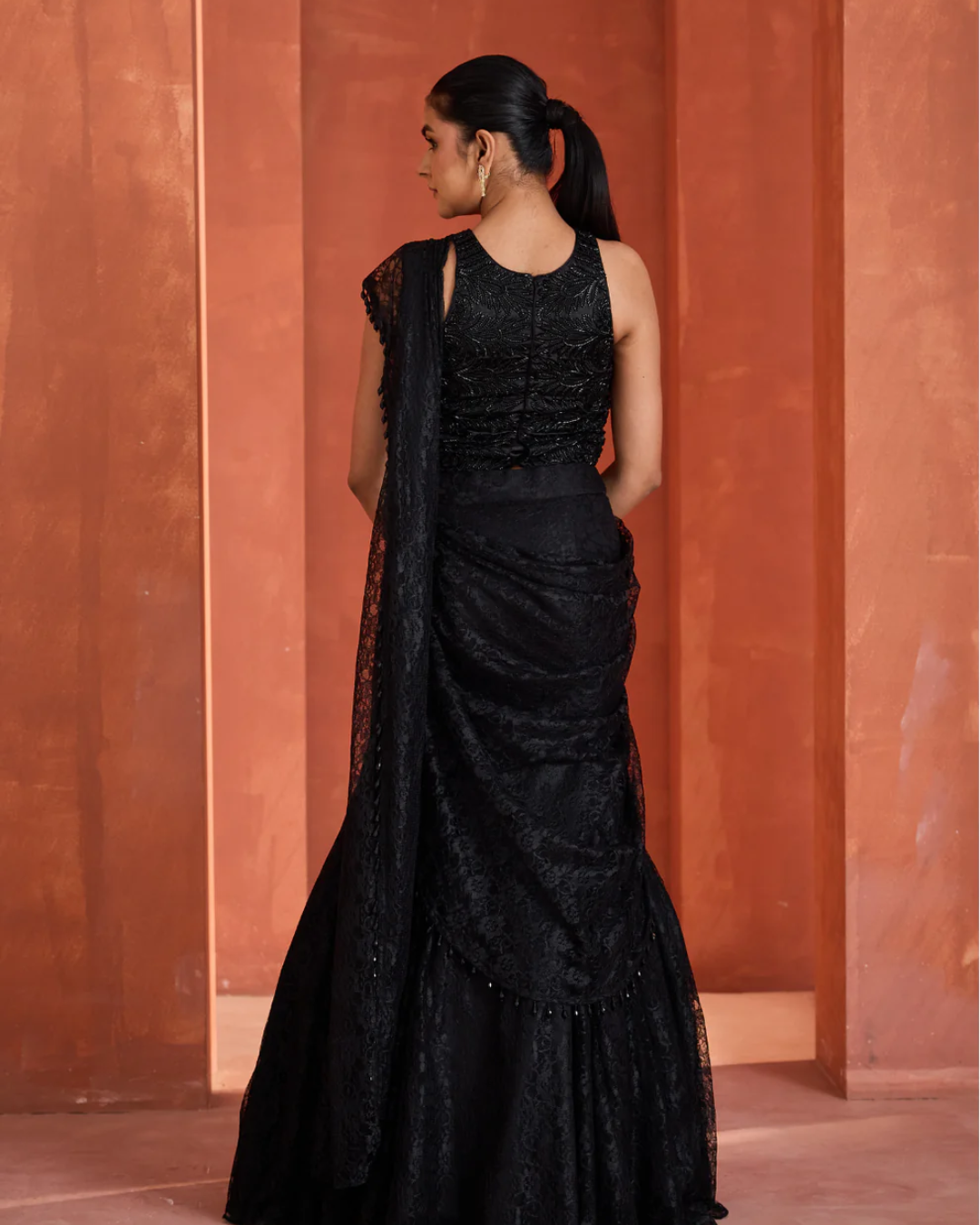 Deepika Chadha - Black shandle lace mermaid skirt with pallu and blouse From Midnight
