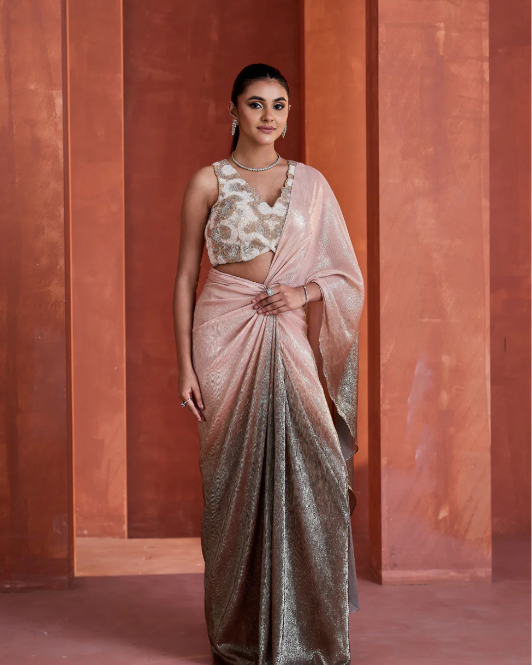 Deepika Chadha - Ombre pink drape skirt and blouse From Midnight