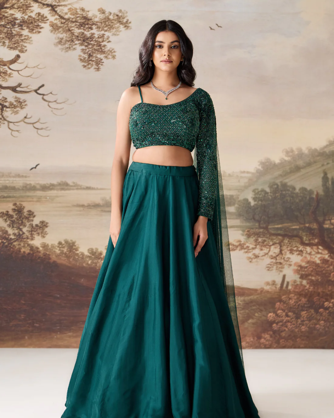 Deepika Chadha - Emerald green One-Shoulder Embroidered Lehenga Set From Midnight