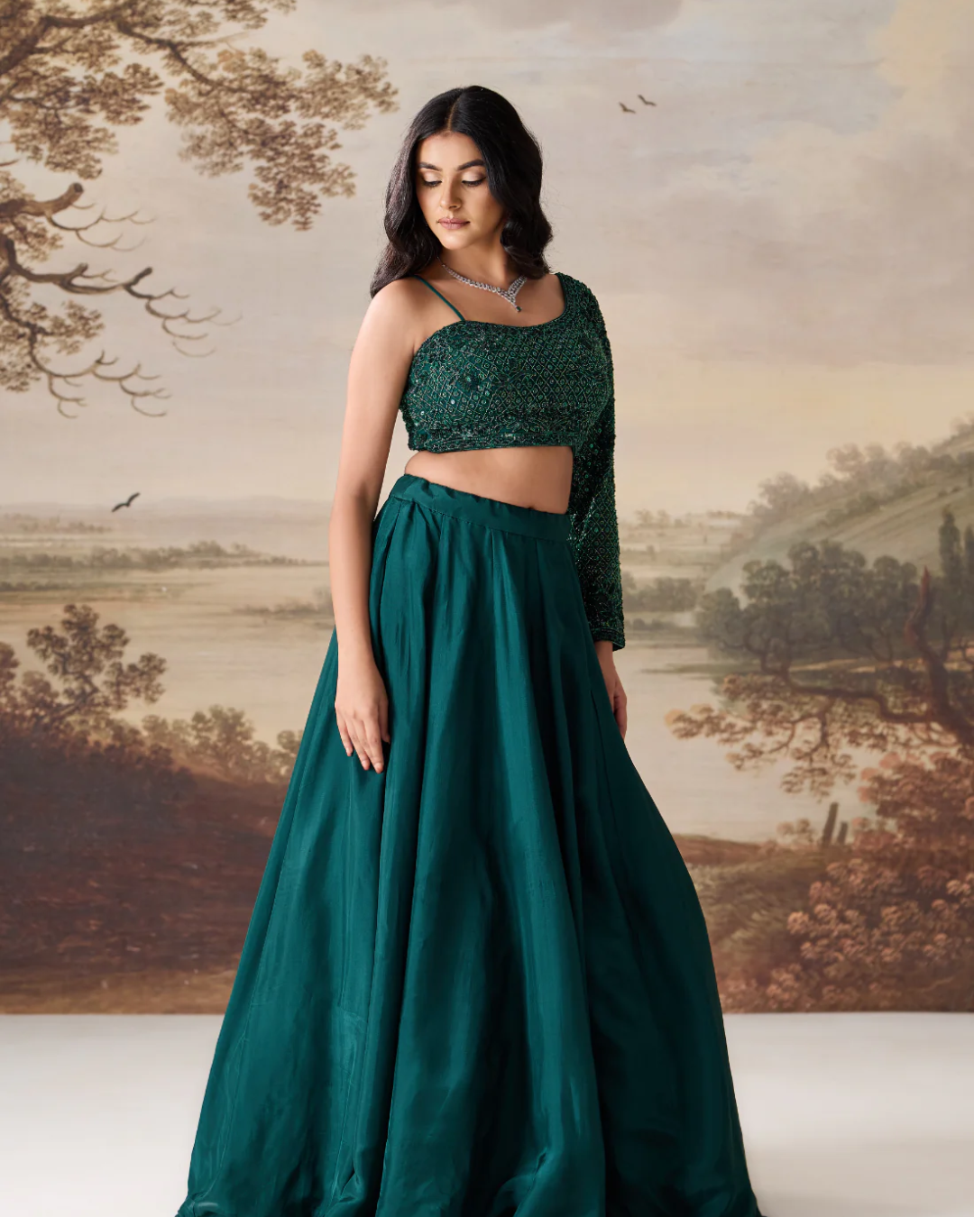 Deepika Chadha - Emerald green One-Shoulder Embroidered Lehenga Set From Midnight