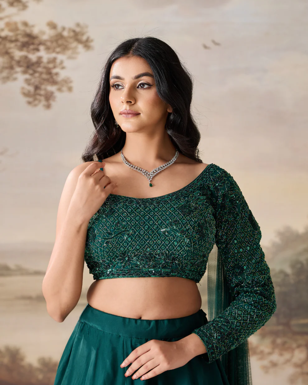 Deepika Chadha - Emerald green One-Shoulder Embroidered Lehenga Set From Midnight