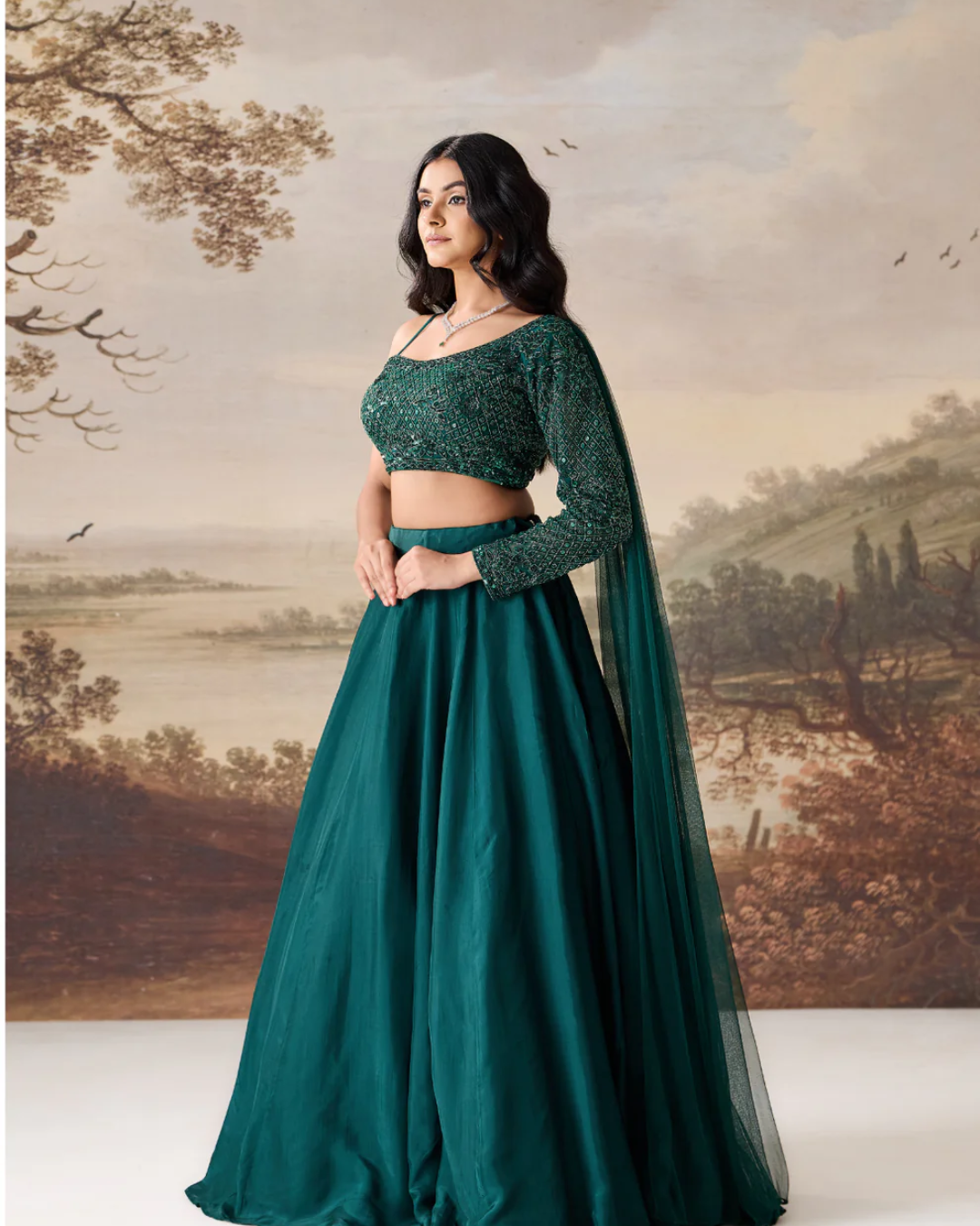 Deepika Chadha - Emerald green One-Shoulder Embroidered Lehenga Set From Midnight