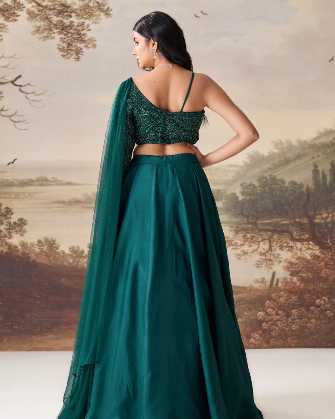 Deepika Chadha - Emerald green One-Shoulder Embroidered Lehenga Set From Midnight