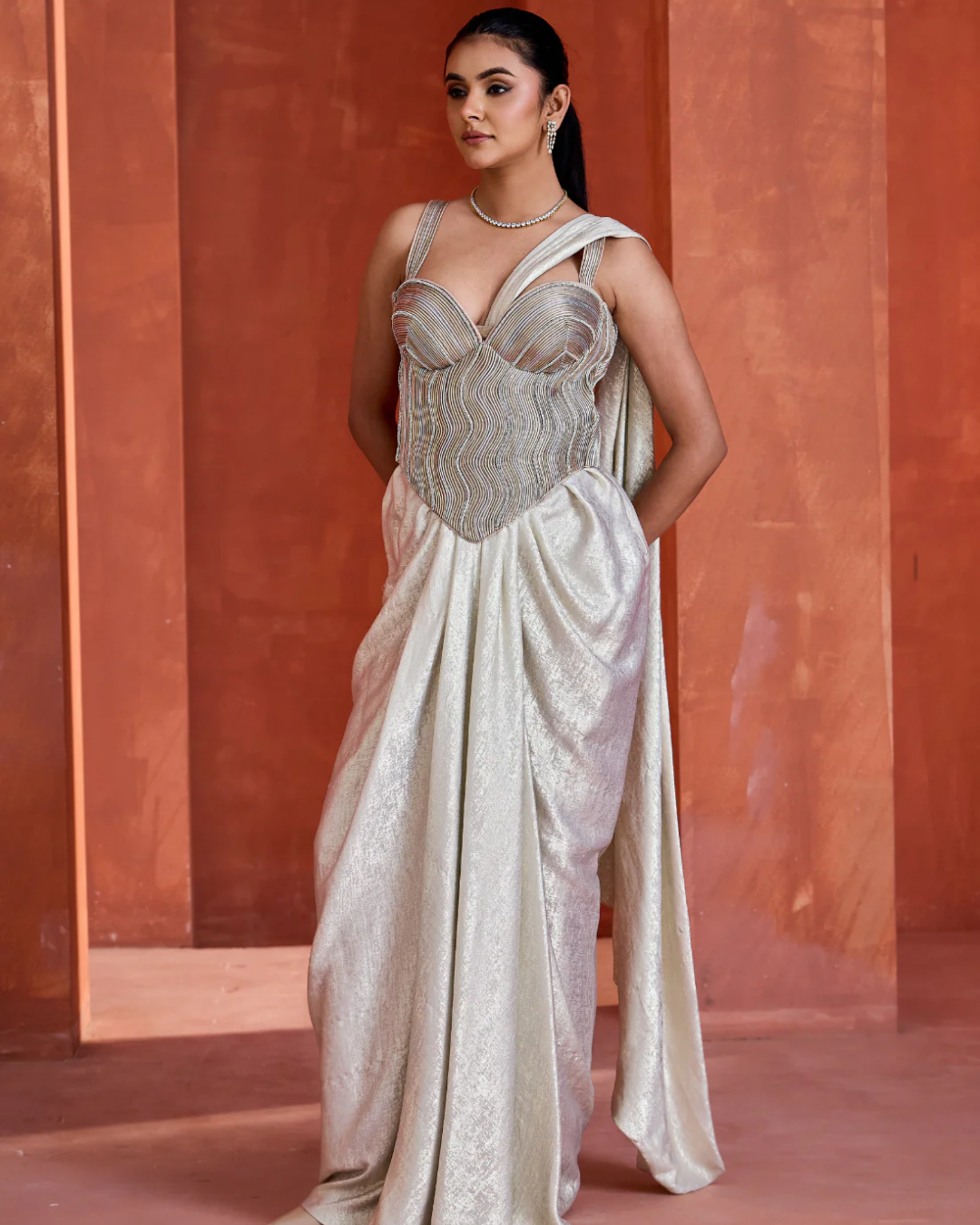 Deepika Chadha - White Corset with drape skirt From Midnight
