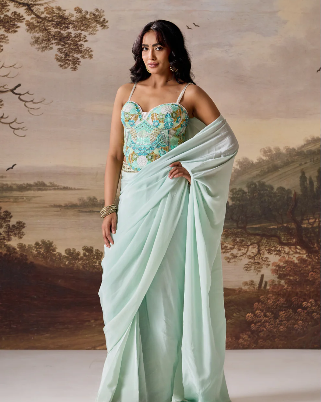 Deepika Chadha - Mint green emb Corset, stitched saree set From Muse