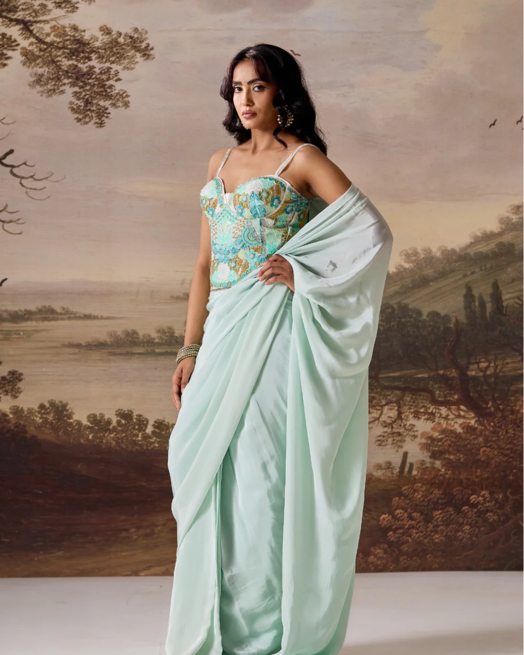 Deepika Chadha - Mint green emb Corset, stitched saree set From Muse