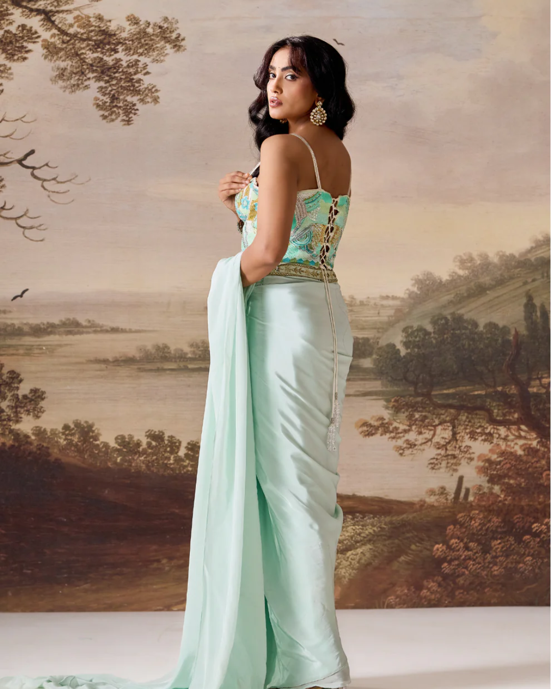 Deepika Chadha - Mint green emb Corset, stitched saree set From Muse