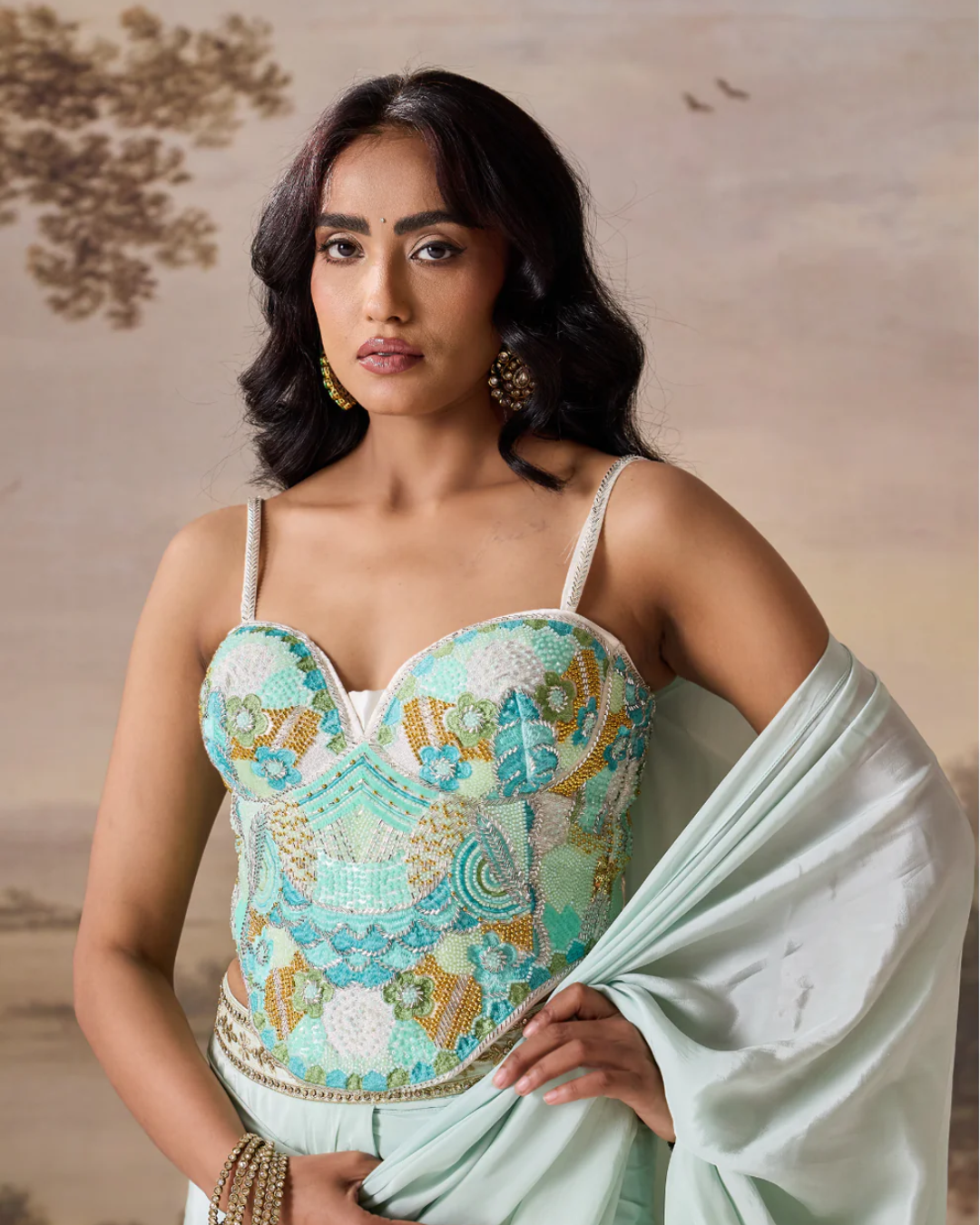 Deepika Chadha - Mint green emb Corset, stitched saree set From Muse