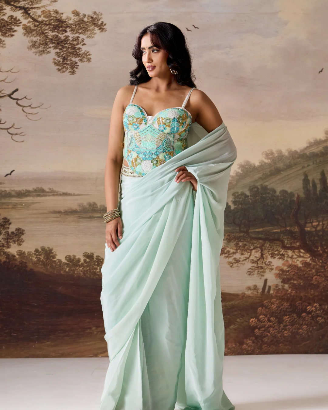 Deepika Chadha - Mint green emb Corset, stitched saree set From Muse