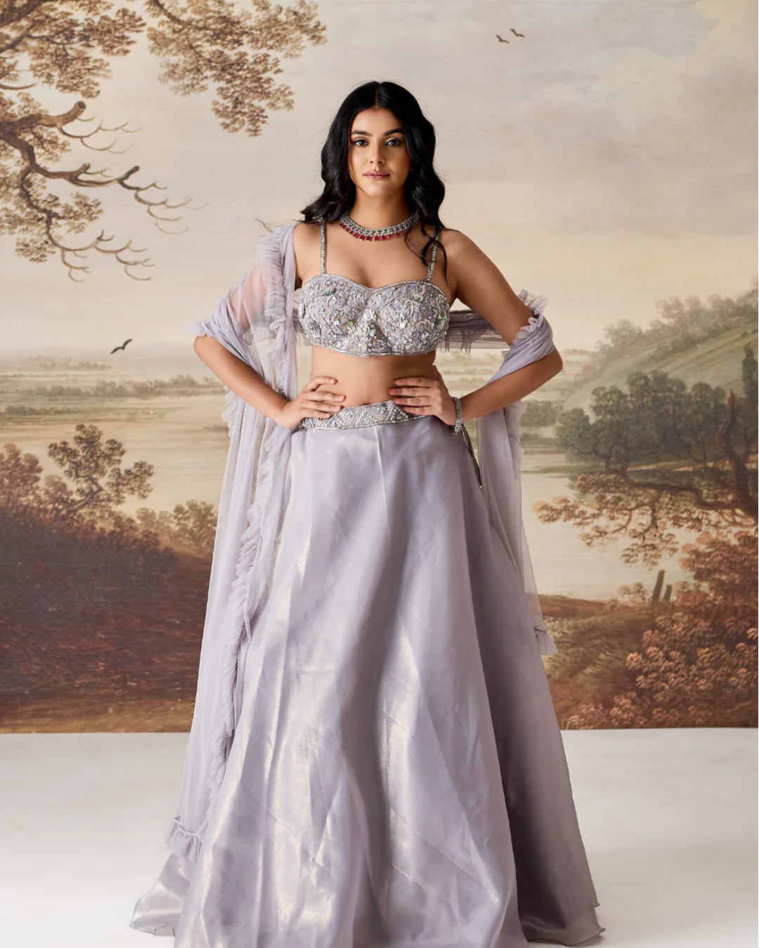 Deepika Chadha - Silver grey emb blouse, lehnga dupatta set From Muse