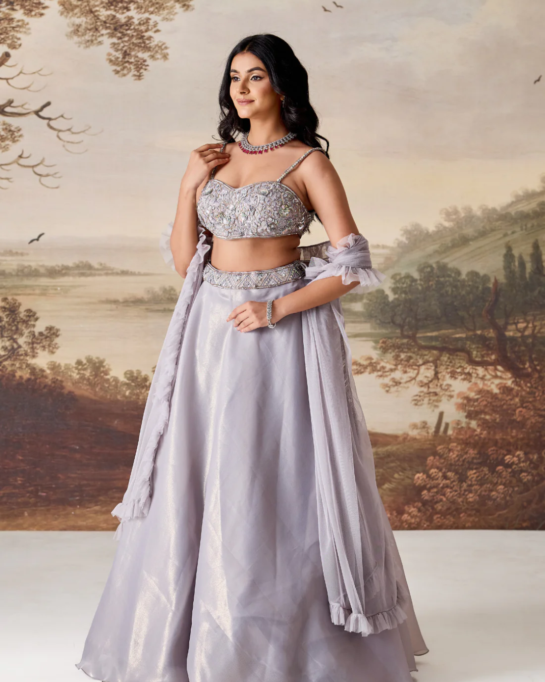 Deepika Chadha - Silver grey emb blouse, lehnga dupatta set From Muse
