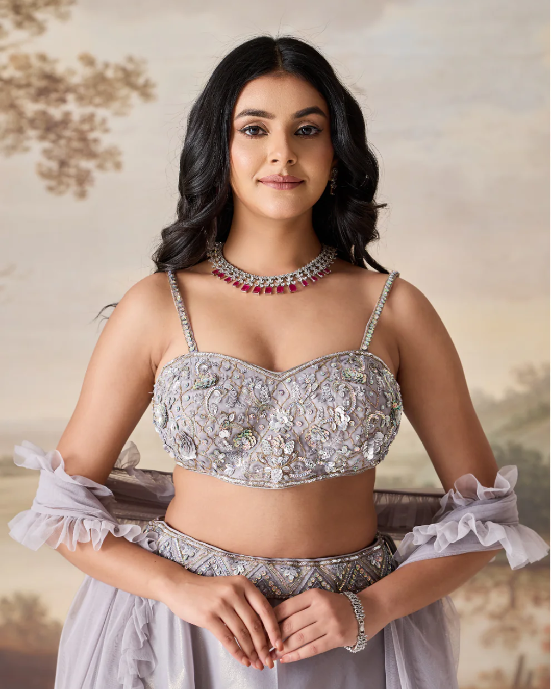 Deepika Chadha - Silver grey emb blouse, lehnga dupatta set From Muse