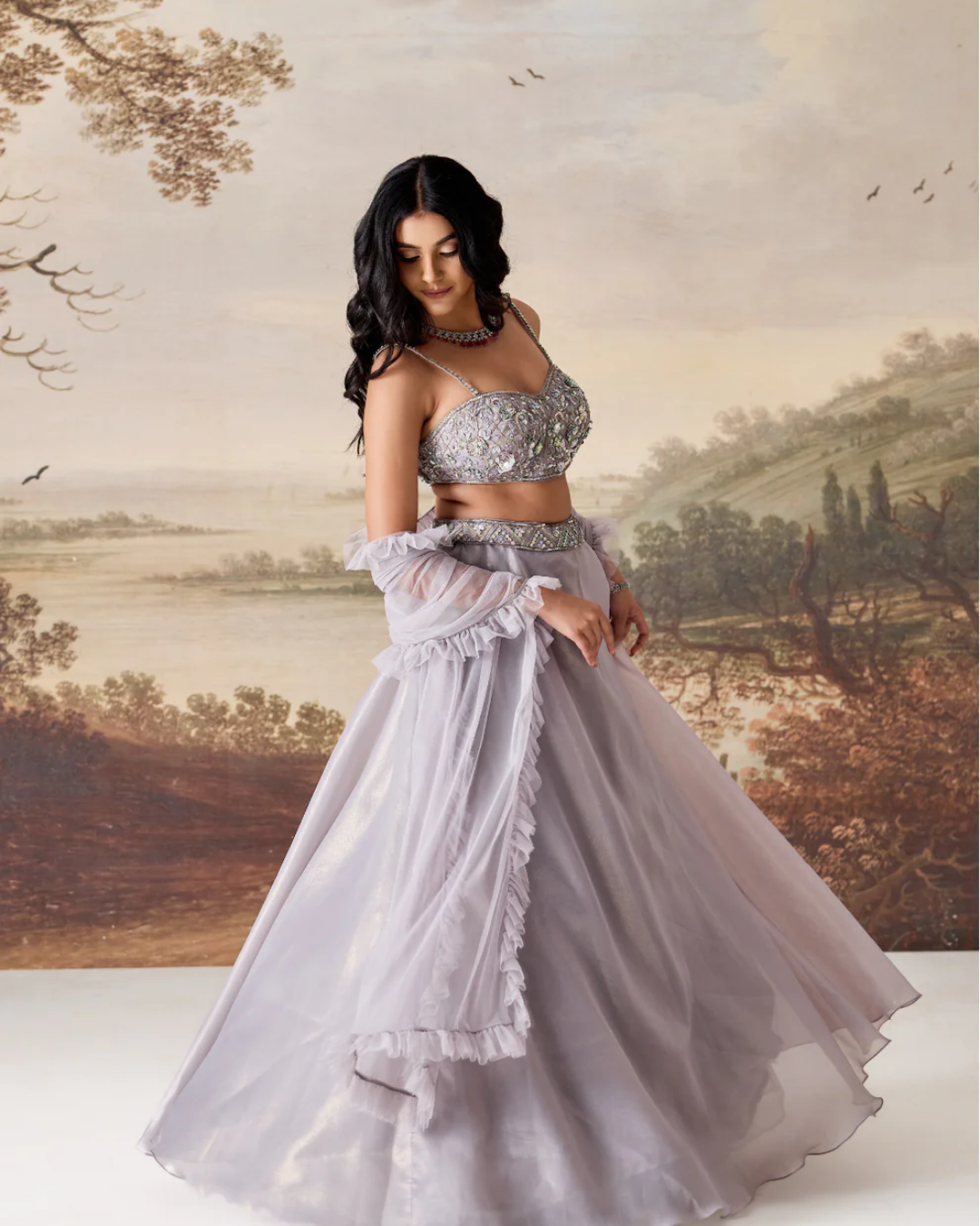 Deepika Chadha - Silver grey emb blouse, lehnga dupatta set From Muse