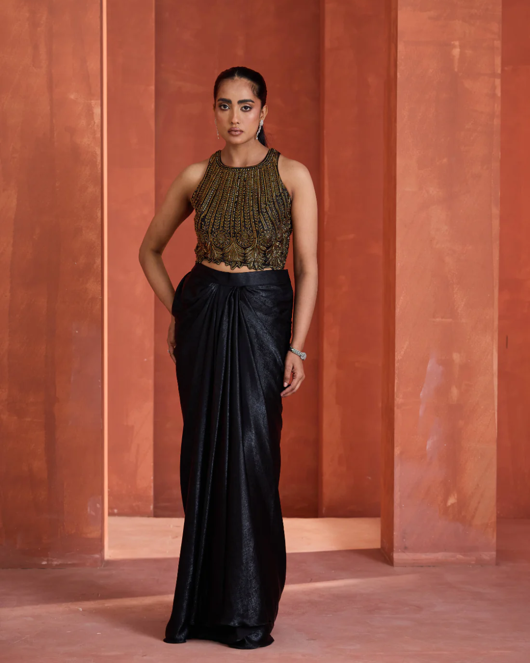 Deepika Chadha - Gold emb blouse, Drape skirt From Muse