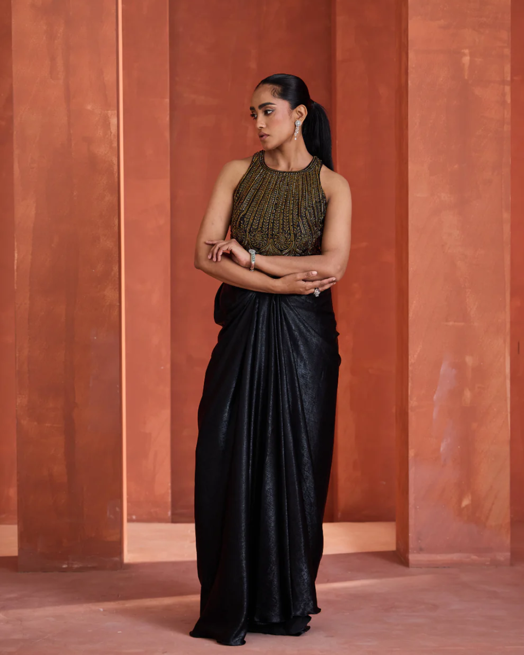 Deepika Chadha - Gold emb blouse, Drape skirt From Muse
