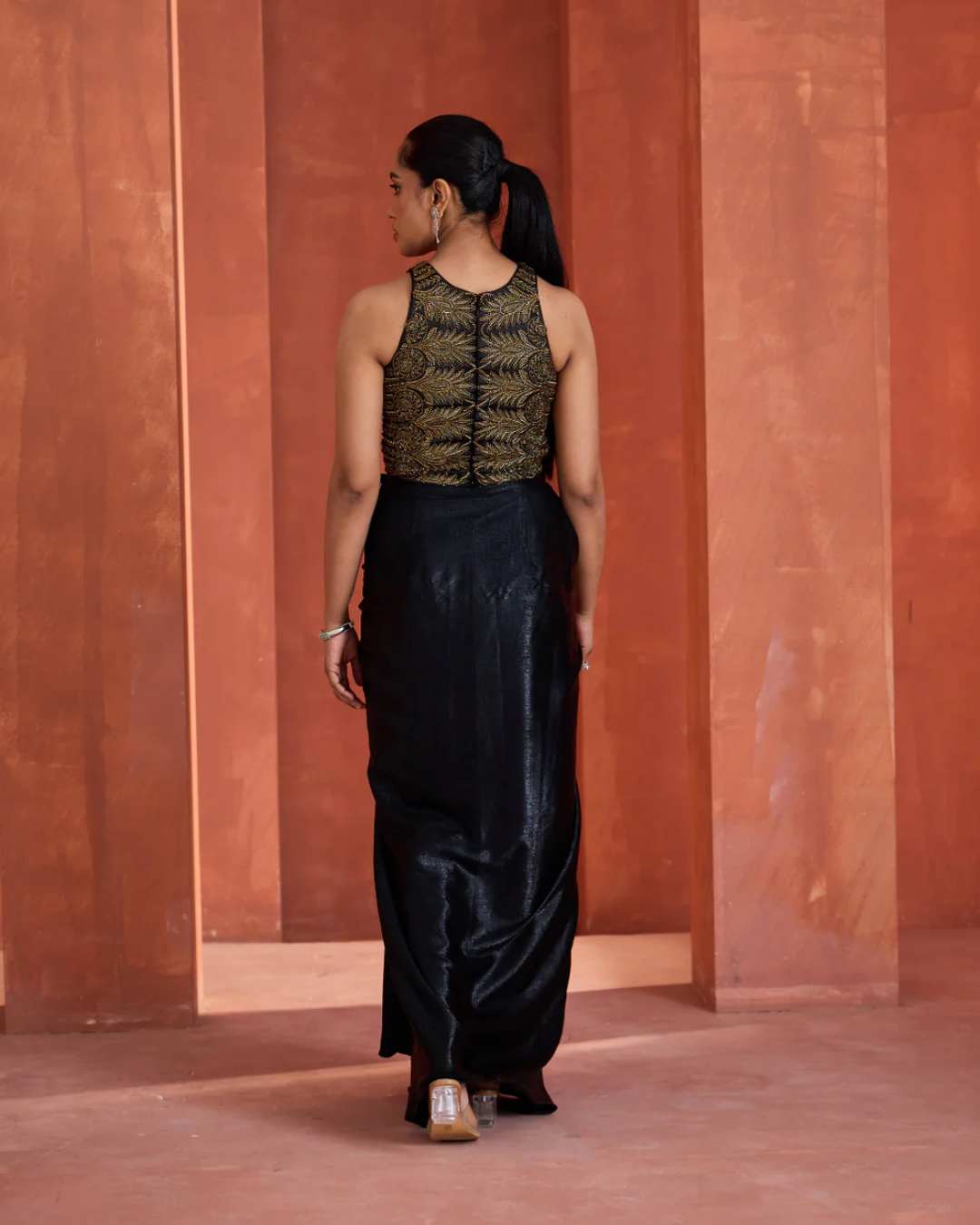 Deepika Chadha - Gold emb blouse, Drape skirt From Muse
