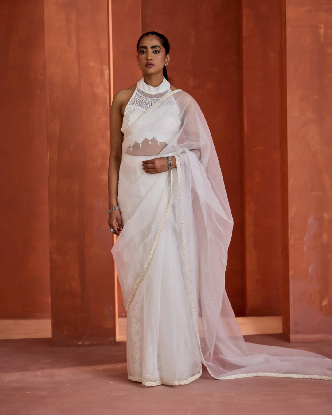 Deepika Chadha - Ivory emb Blouse,stitched ready to wear saree From Muse