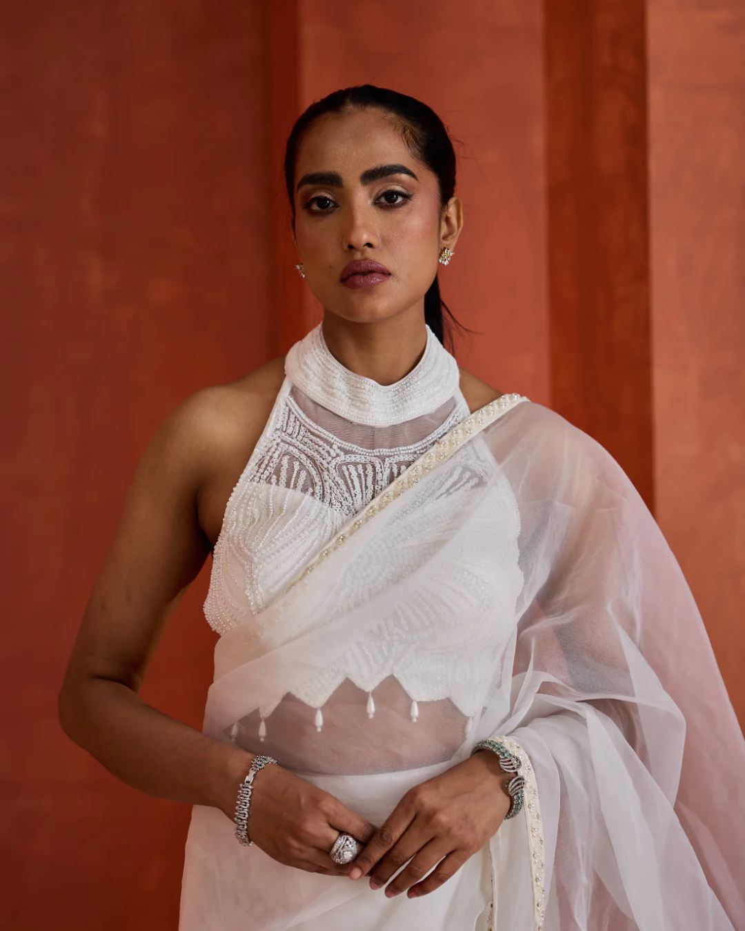 Deepika Chadha - Ivory emb Blouse,stitched ready to wear saree From Muse