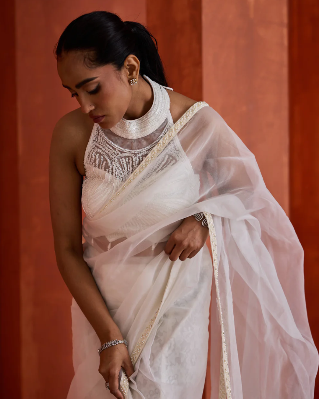 Deepika Chadha - Ivory emb Blouse,stitched ready to wear saree From Muse