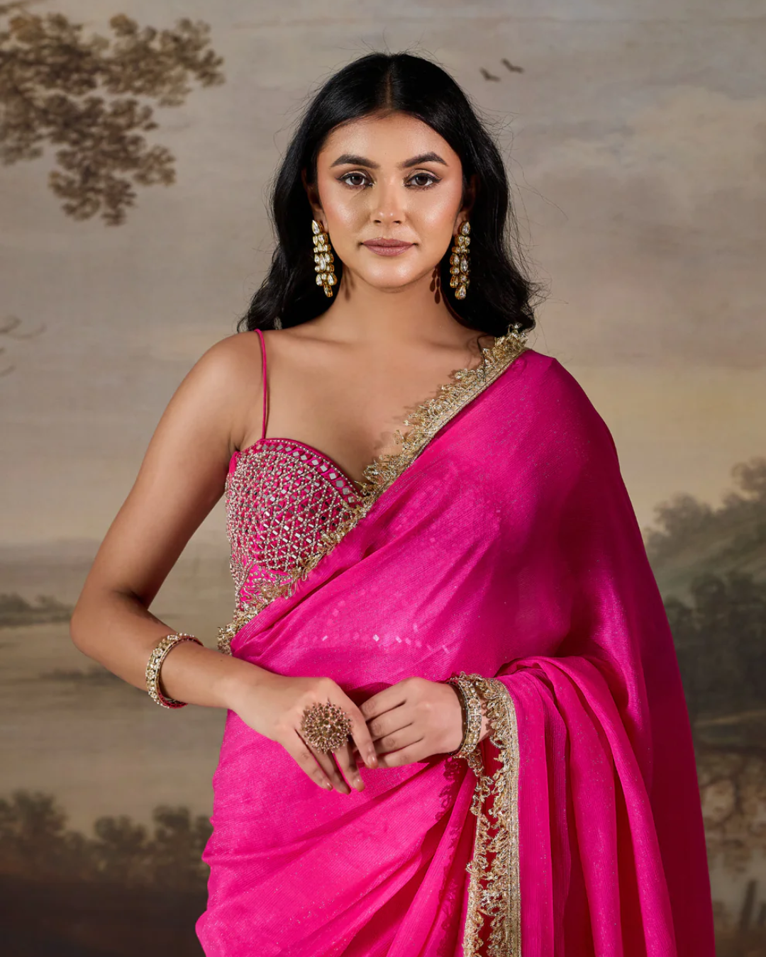 Deepika Chadha - Fucsia emb Corset, stitched saree set From Muse