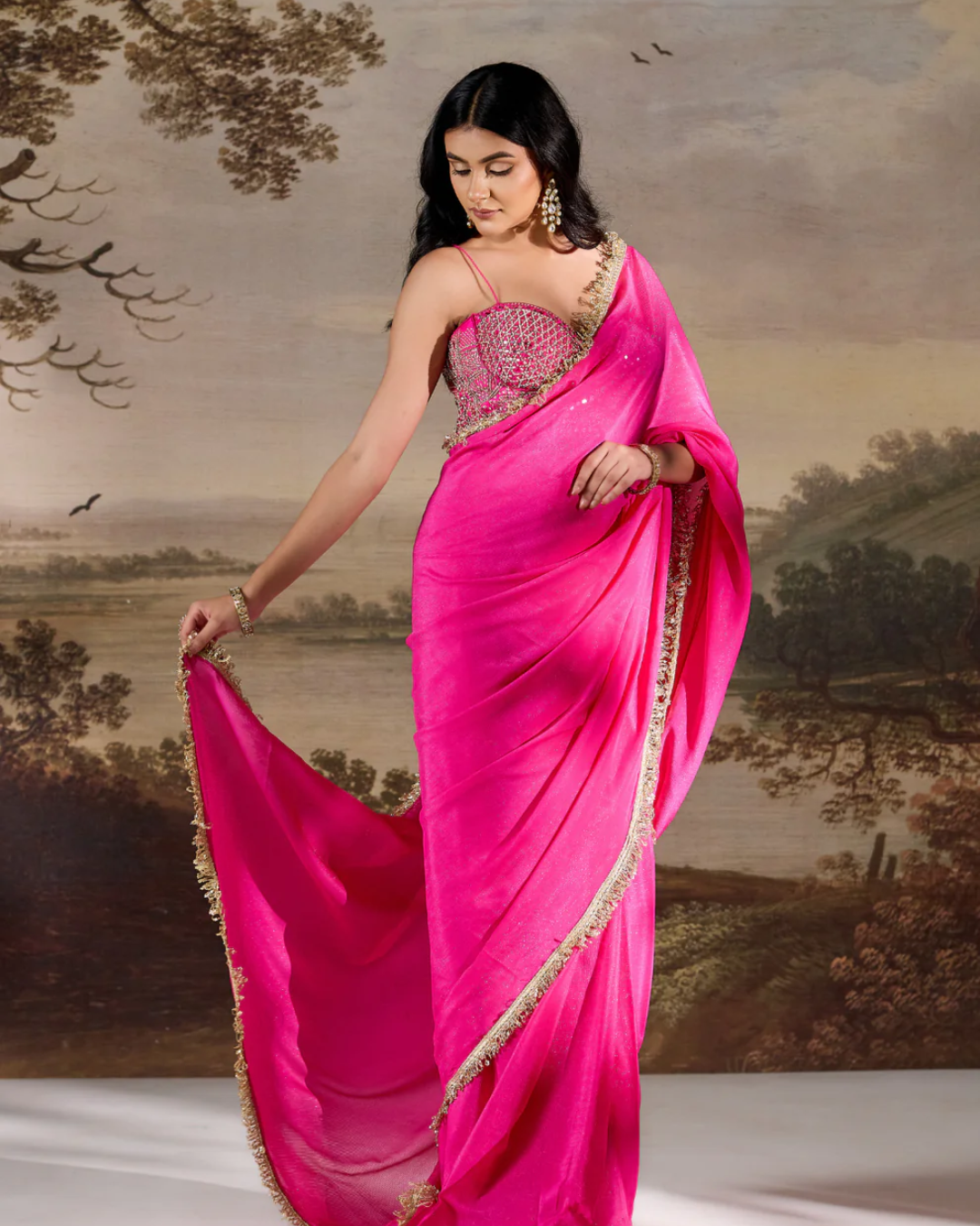 Deepika Chadha - Fucsia emb Corset, stitched saree set From Muse