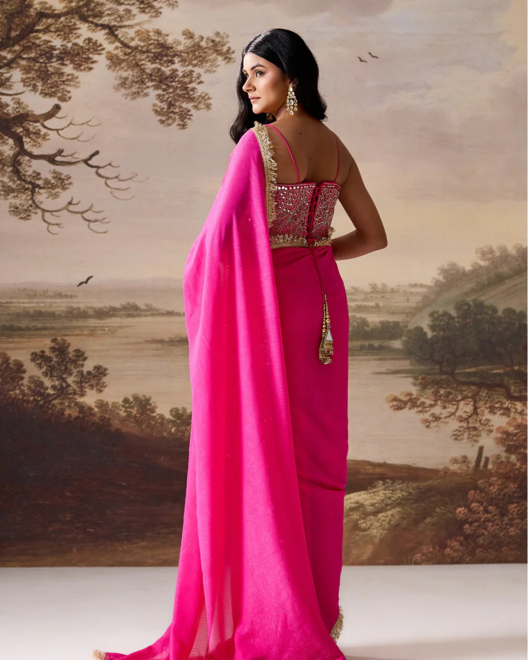 Deepika Chadha - Fucsia emb Corset, stitched saree set From Muse