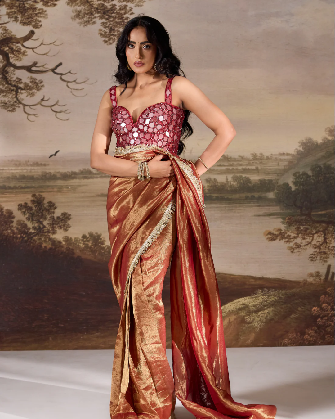Deepika Chadha - Maroon emb Corset, stitched saree set From Muse