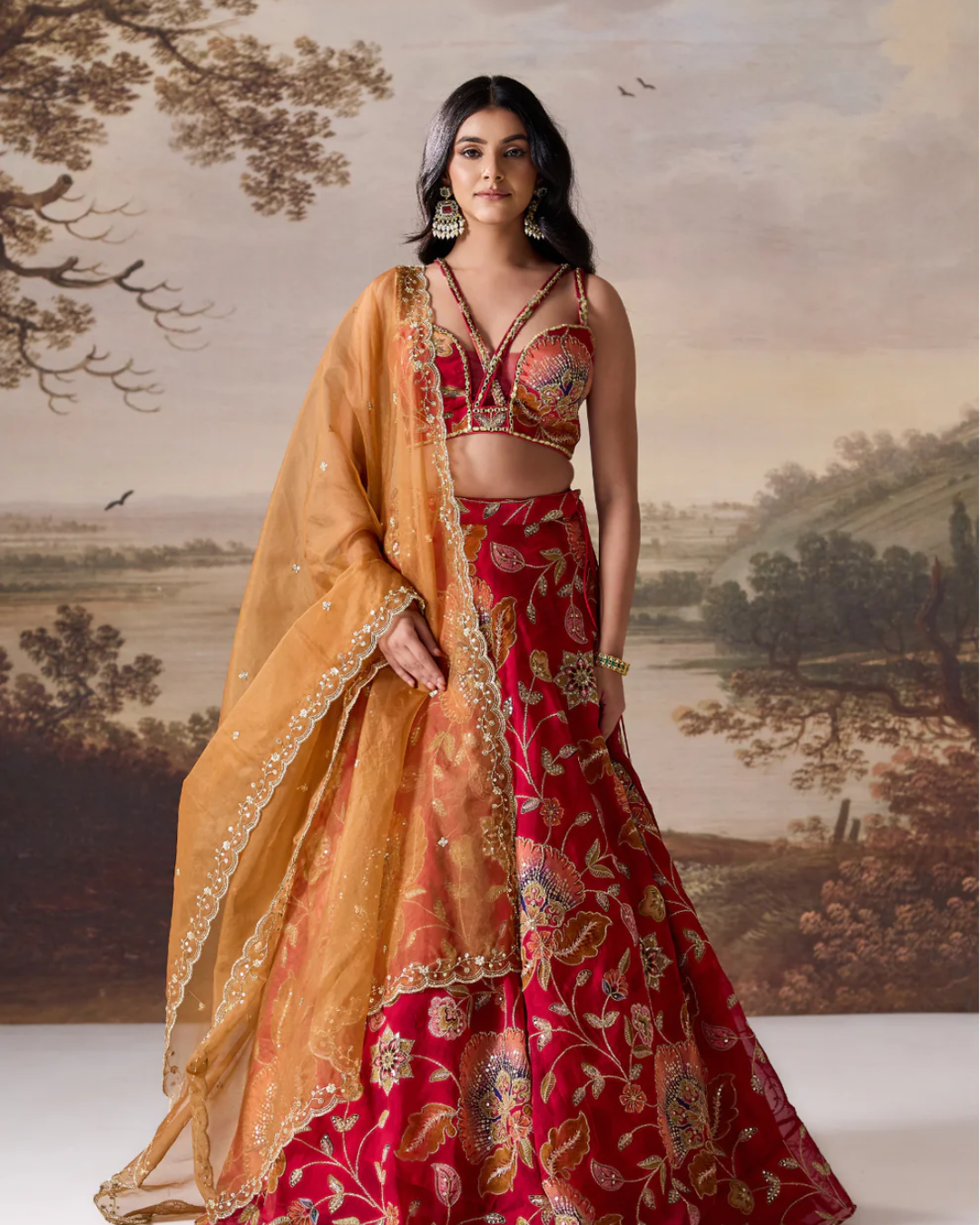 Deepika Chadha - Deep red emb blouse, lehnga dupatta set From Muse