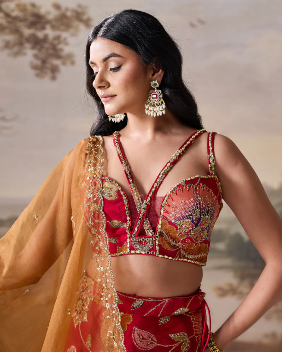 Deepika Chadha - Deep red emb blouse, lehnga dupatta set From Muse