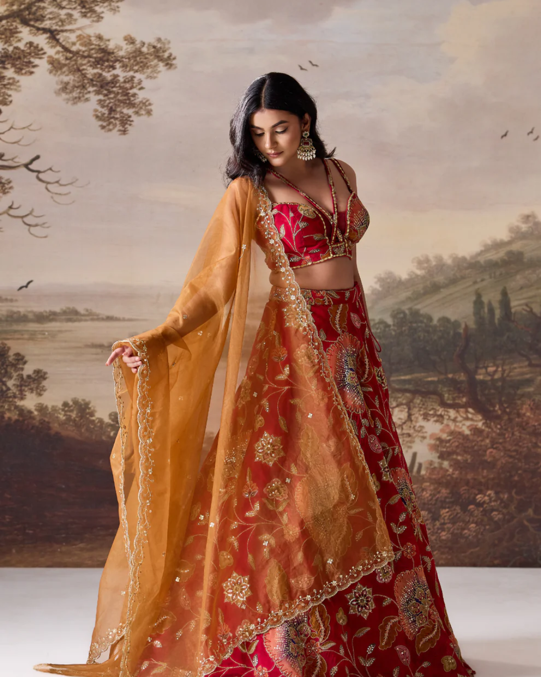 Deepika Chadha - Deep red emb blouse, lehnga dupatta set From Muse
