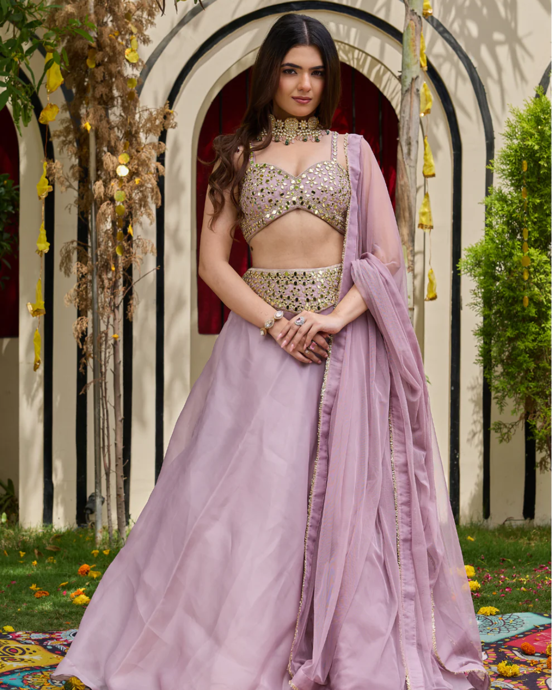 Deepika Chadha - Mauve Mirror-Encrusted Bustier & Organza Lehenga Set From Muse