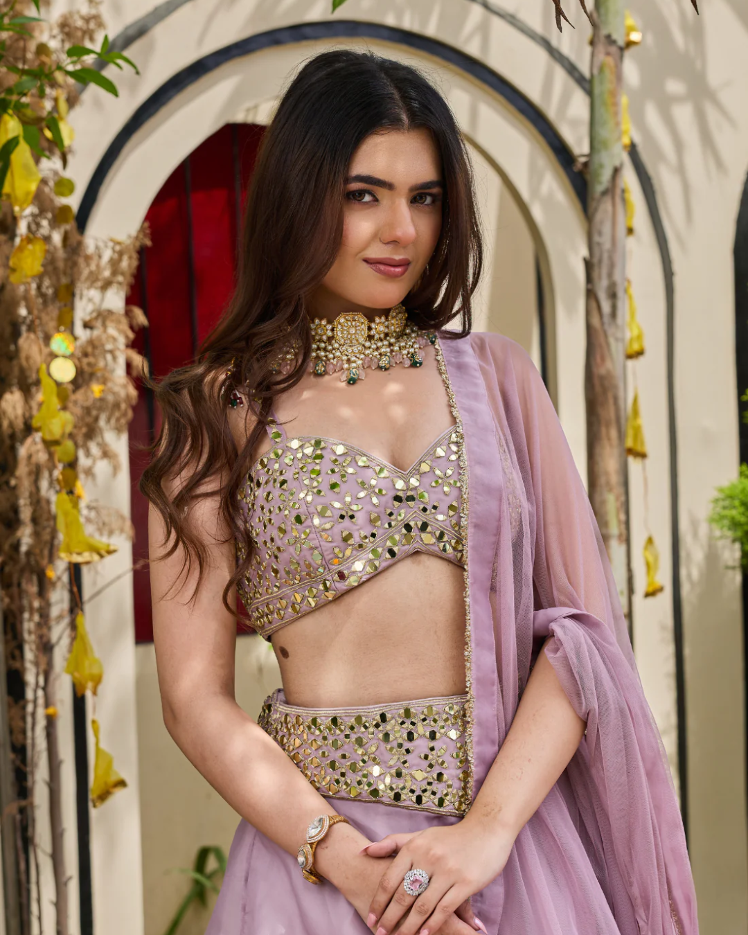 Deepika Chadha - Mauve Mirror-Encrusted Bustier & Organza Lehenga Set From Muse