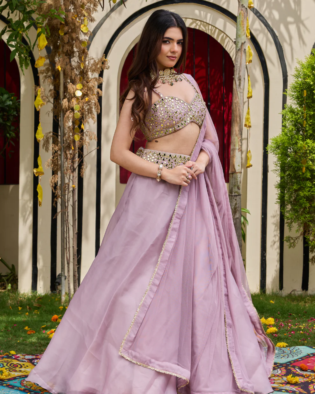 Deepika Chadha - Mauve Mirror-Encrusted Bustier & Organza Lehenga Set From Muse