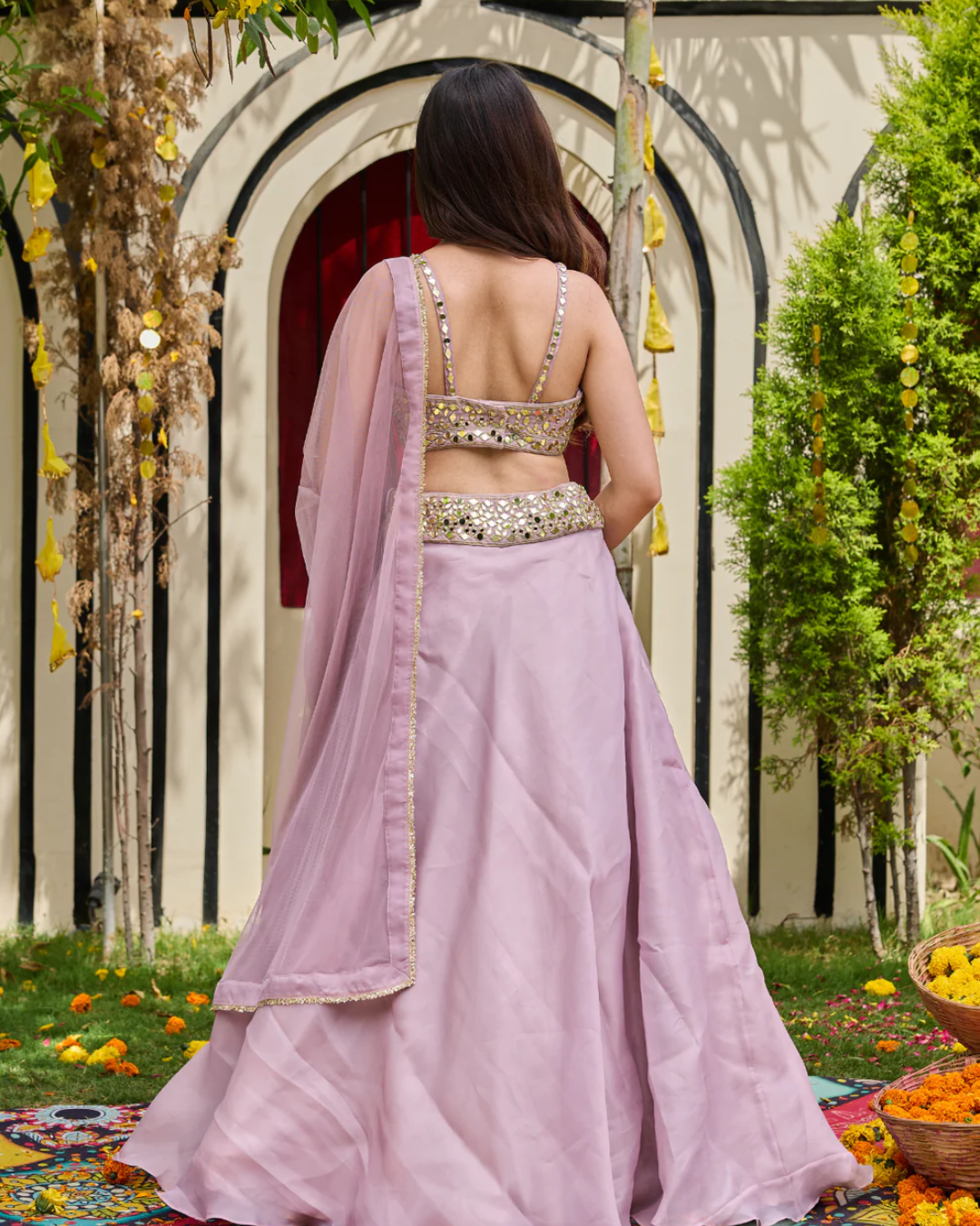 Deepika Chadha - Mauve Mirror-Encrusted Bustier & Organza Lehenga Set From Muse