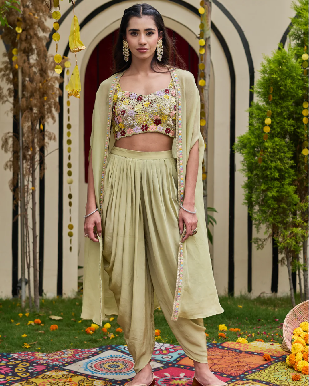 Deepika Chadha - Sage Green Floral Bustier, Dhoti & Cape Set From Muse