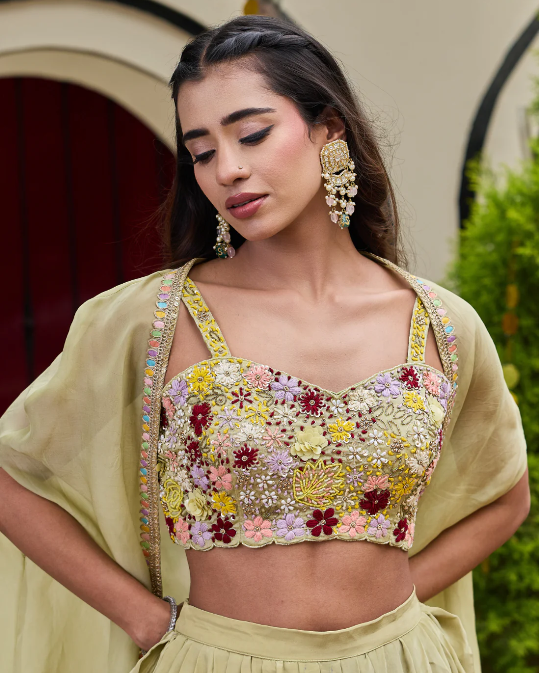 Deepika Chadha - Sage Green Floral Bustier, Dhoti & Cape Set From Muse