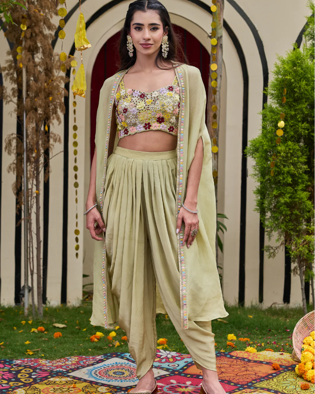 Deepika Chadha - Sage Green Floral Bustier, Dhoti & Cape Set From Muse