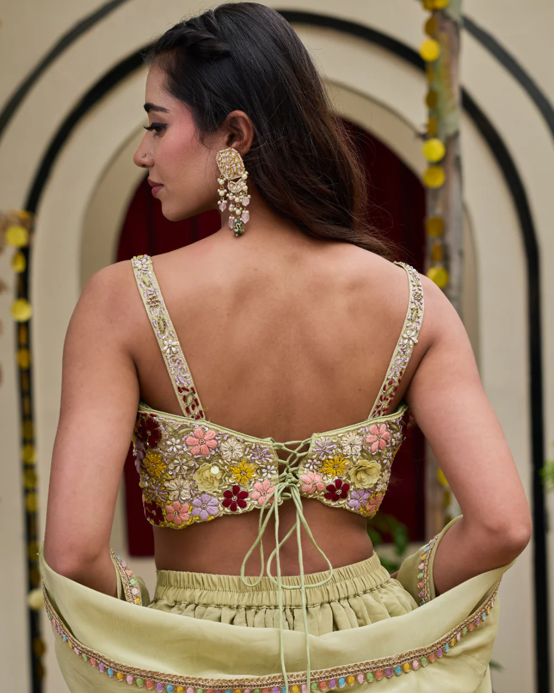 Deepika Chadha - Sage Green Floral Bustier, Dhoti & Cape Set From Muse
