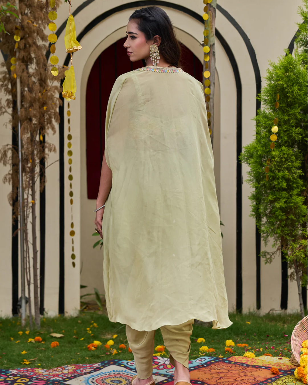 Deepika Chadha - Sage Green Floral Bustier, Dhoti & Cape Set From Muse