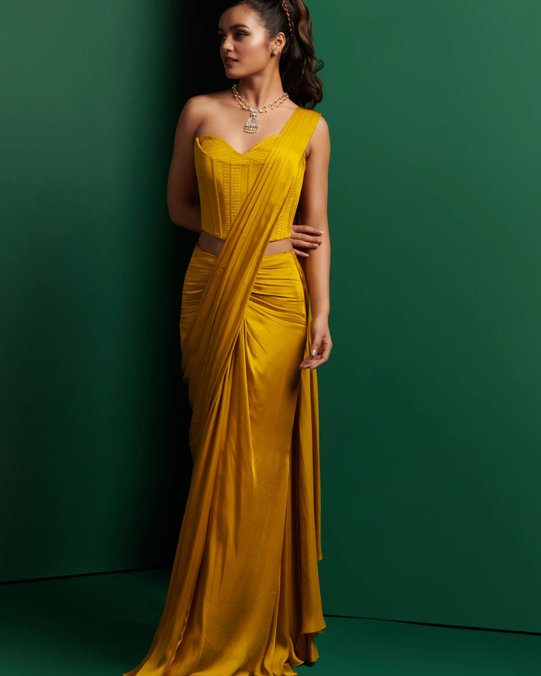 K&A by Karishma and Ashita - Golden yellow double corset with skirt drape saree From Barre Oblique