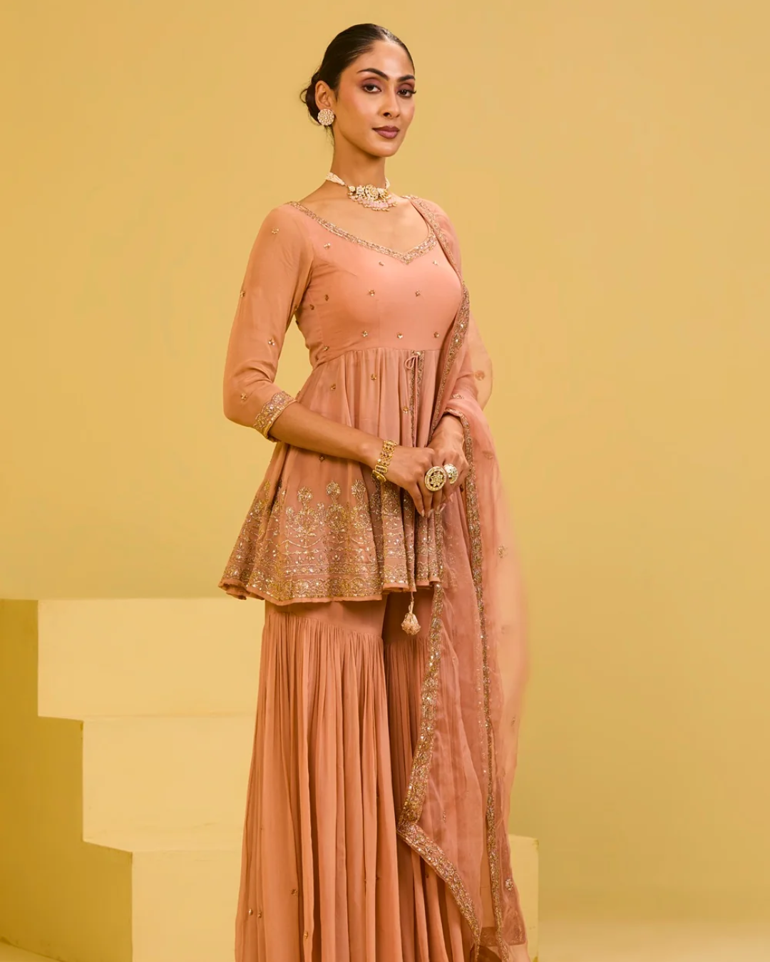 Esha Koul - Peach Front Cut Peplum Set From Naaz